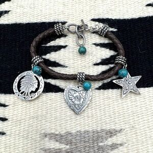 Carolyn Pollack Southwest Western Sterling Silver Leather Indian Charm Bracelet